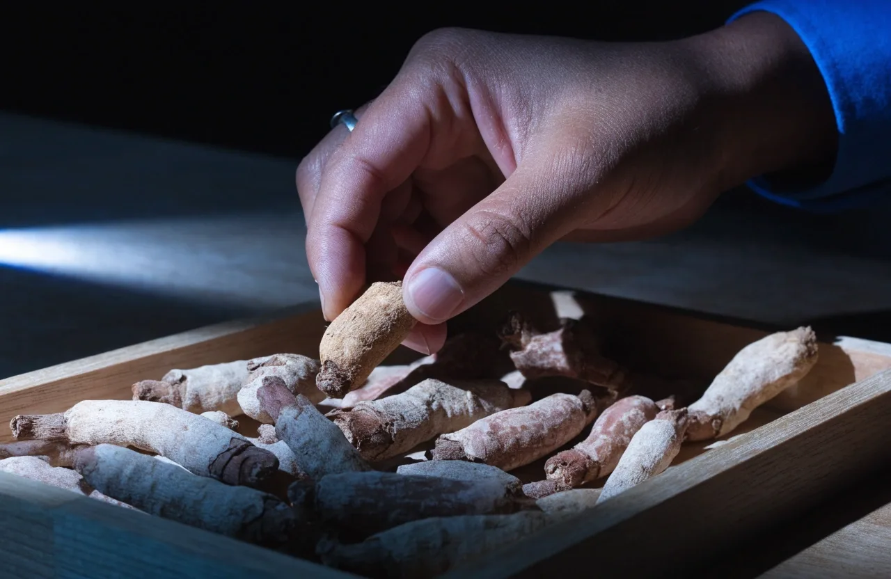 A single dried ginseng root on matte dark card stock under one cool rake light