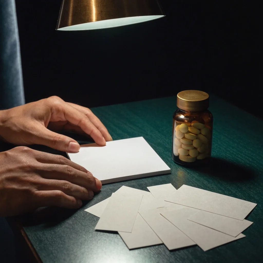 Two hands fanning matte index cards on a reading desk under a single cool lamp