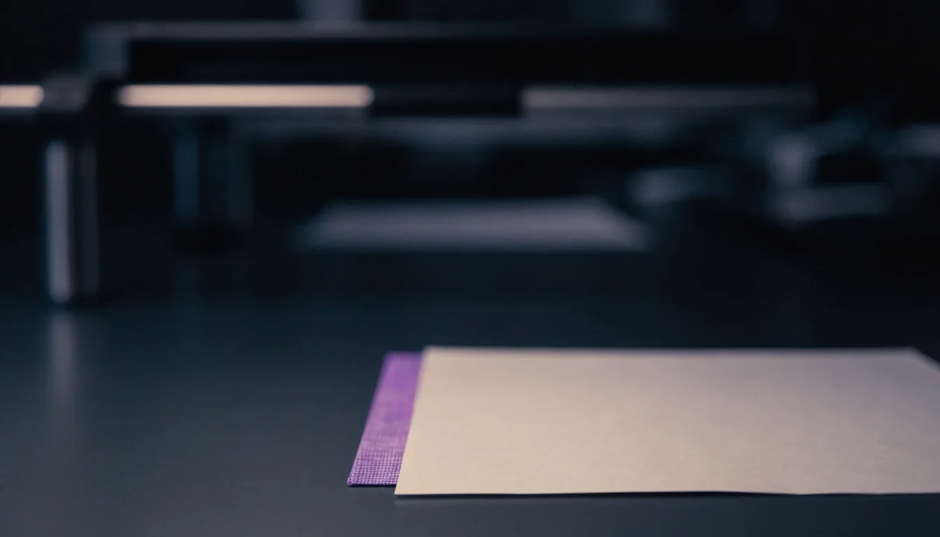 A cool-lit reading desk with matte blank paper leaves and a violet-lavender bookmark
