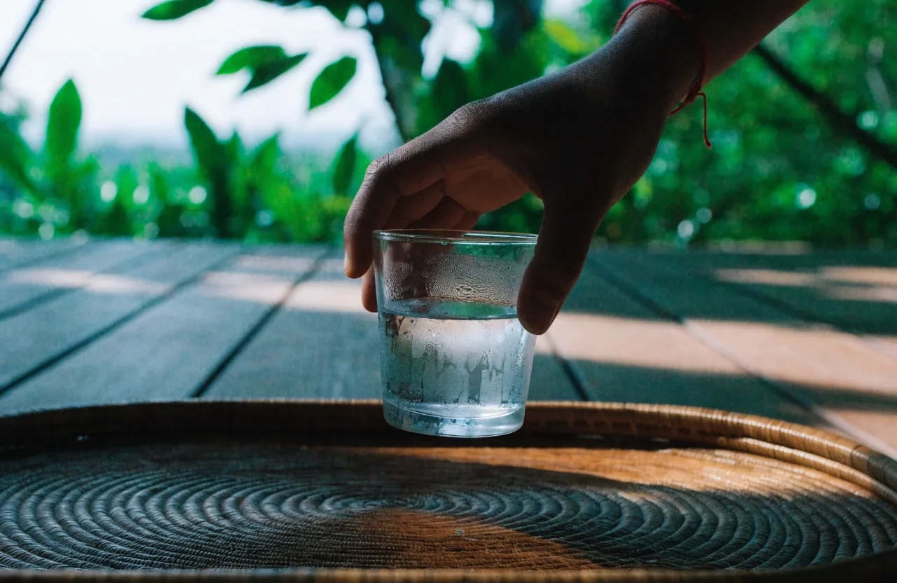 A tall glass of water with condensation on a dark outdoor counter beside an out-of-focus tropical leaf