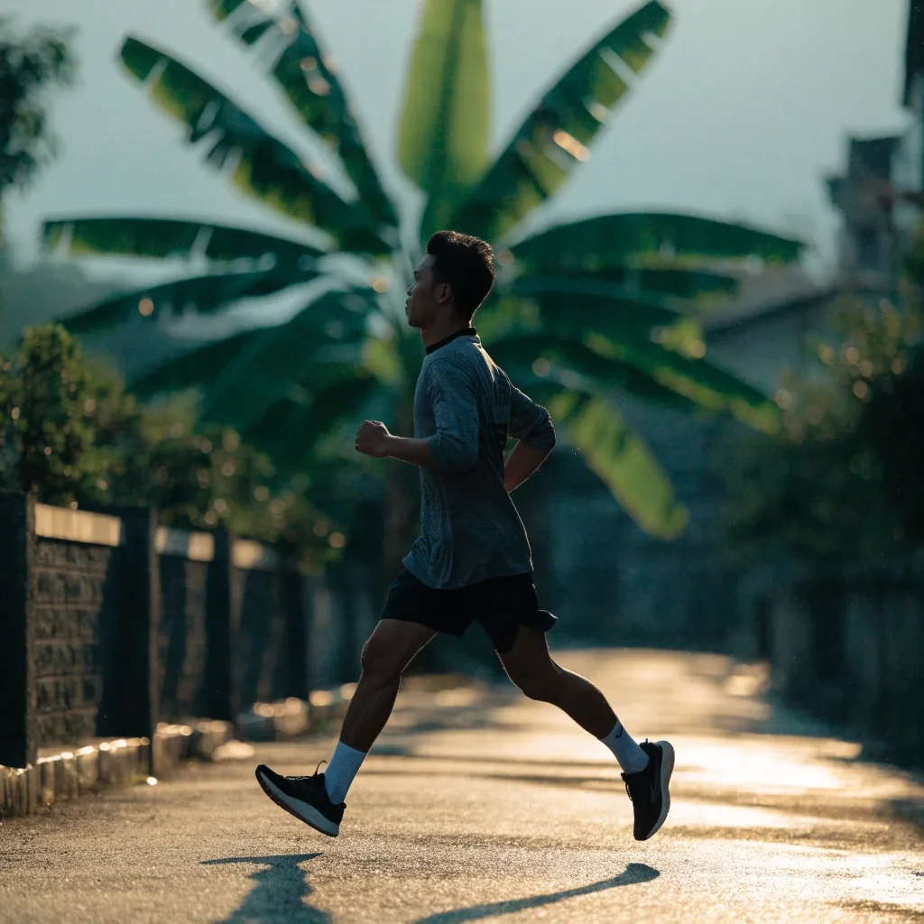 A man walking briskly along a shaded lane in an Indonesian neighbourhood in early morning light