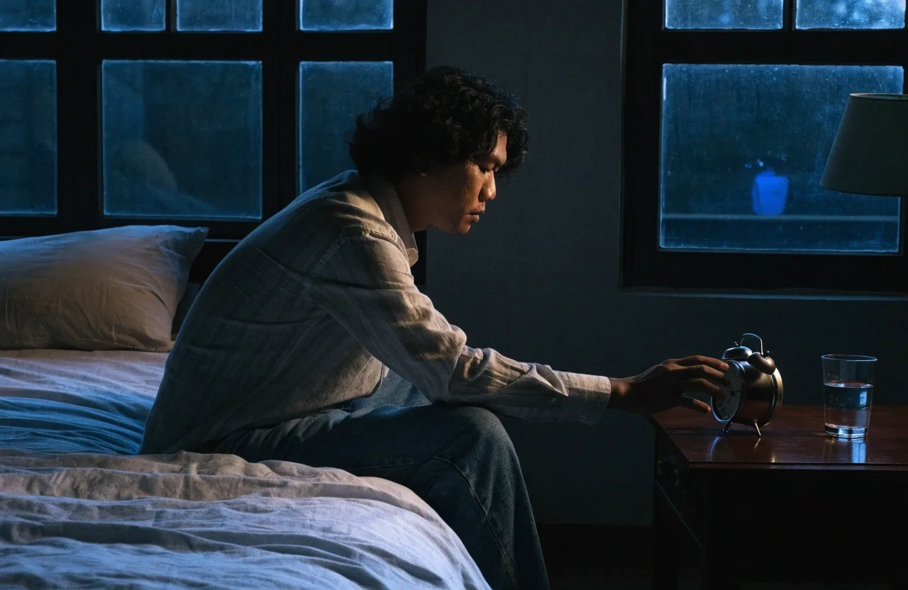 A quiet bedroom before sunrise with a made bed, a glass of water on a dark bedside table, and dawn light through a blind