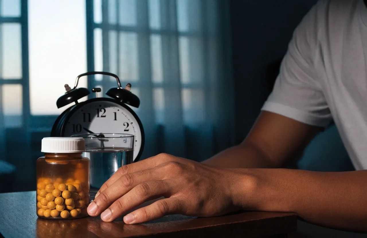 An unlabelled amber glass bottle beside a glass of water on a dark kitchen counter under a single reading lamp