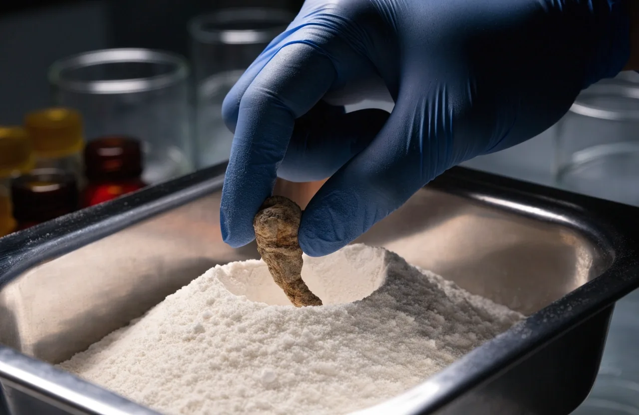 Dried ginseng root lying on matte card stock under a single raked cool light