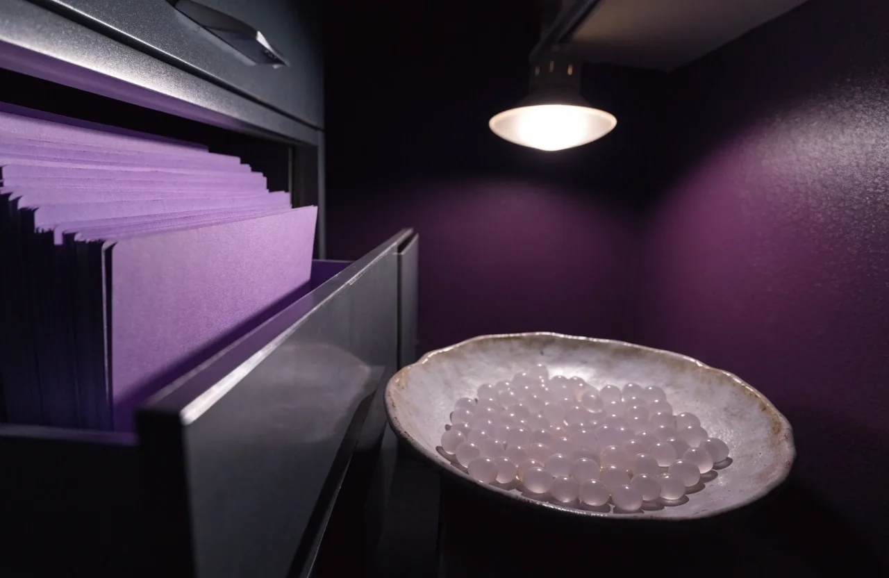 A cool-lit reading desk with a half-open drawer cabinet, a blank sheet of violet-tinted paper and a small tray of unlabeled capsules under one overhead lamp